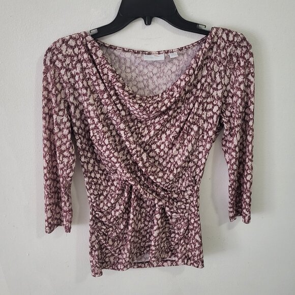 New York & Company Tops - New york & Co white burgundy red stretchy ruched top size XS